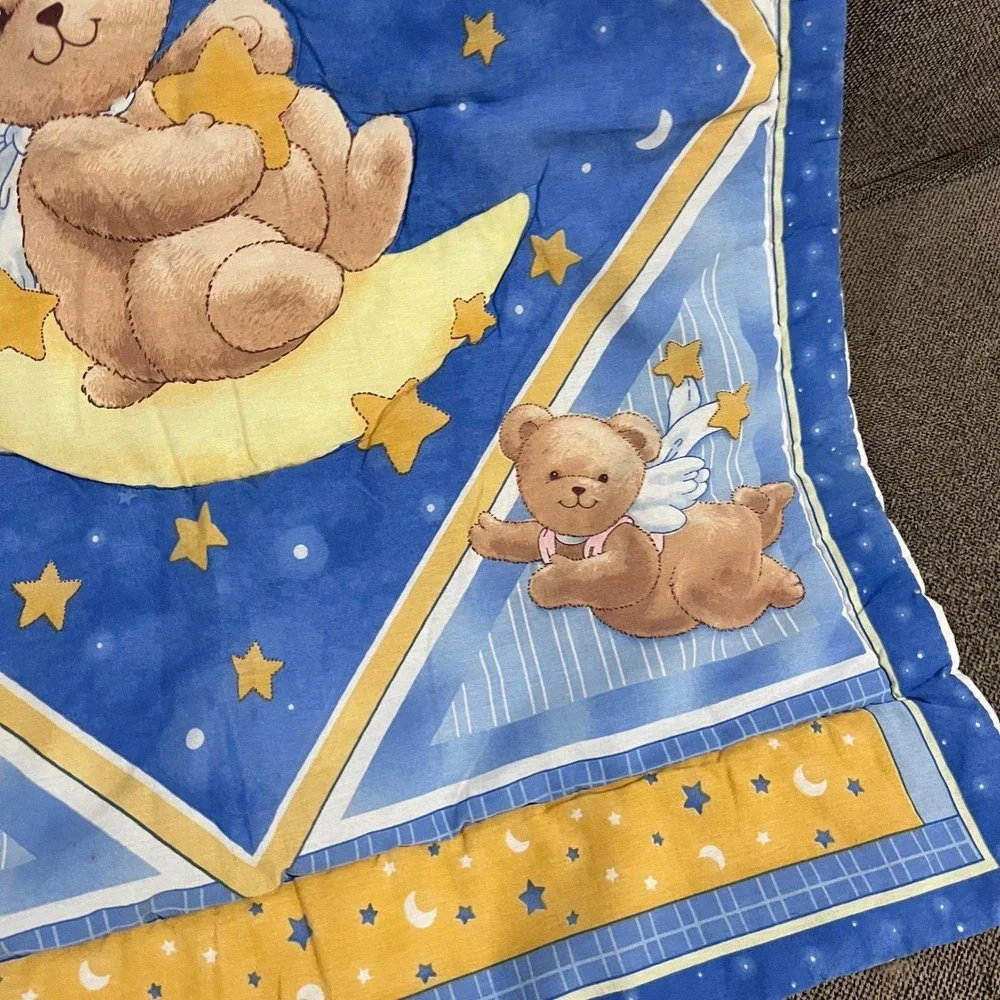 Vtg 90s Celestial Angel Teddy Bear Moon Stars Baby Quilt‎ Blue Yellow 33x42